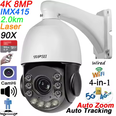 Auto Tracking 8MP 4K 90X Optical Zoom 360° Audio Laser Infrared ONVIF 4G 5G Sim Wifi Wired 4 in 1 PT