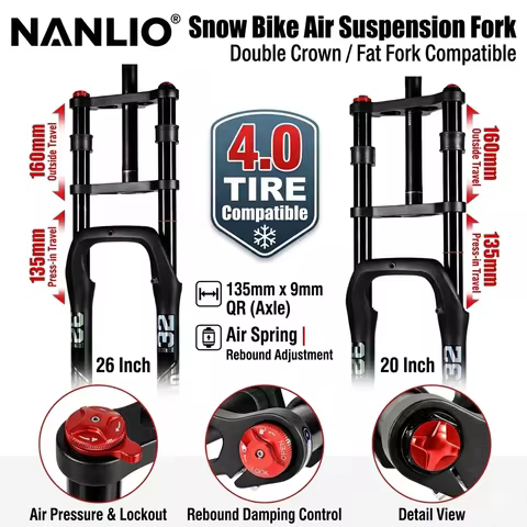 Nanlio Fat Bike Air Suspension Fork 20 26 Inch Double Crown MTB E-Bike Front Fork 135mm Travel 135x9