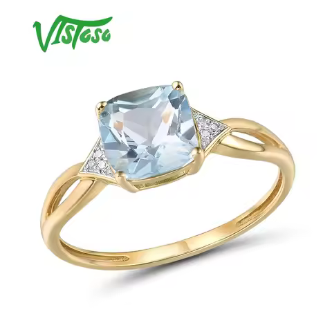VISTOSO 14K 585 Yellow Gold Ring For Women Diamond Sky Blue Topaz Rings Gold 585 Real Original Anniv