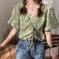 韓系｜酪梨牛奶🥑 青春可愛 V領 抽繩 格紋 設計感上衣