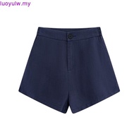 Women's wide leg shorts LAHSTORE linen fabric with slit elastic waistband QS02 (navy blue)