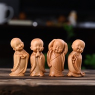 Patung Hiasan [Patung Hiasan Little Monk 4-Piece Set Ornaments] Zen Home Decoration Cute Wood Carvin
