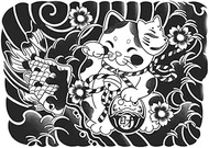 Cool Tattoos,Japanese Style Cherry Blossom Waves Lucky Cat,Cat Tattoos,Resilience,Lasts 1-2 Weeks,Wa
