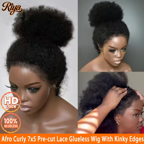 Afro Curly 4x4 5x5 Invisible HD Lace Wig With 4c Edges Afro Curly Human Hair Wigs 7x5 HD Lace Gluele