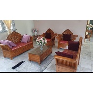 SET MADORA KAYU JATI/SET SOFA JATI INDONESIA (3+2+1+1MEJA+KACA(Kusyen boleh pilihan)