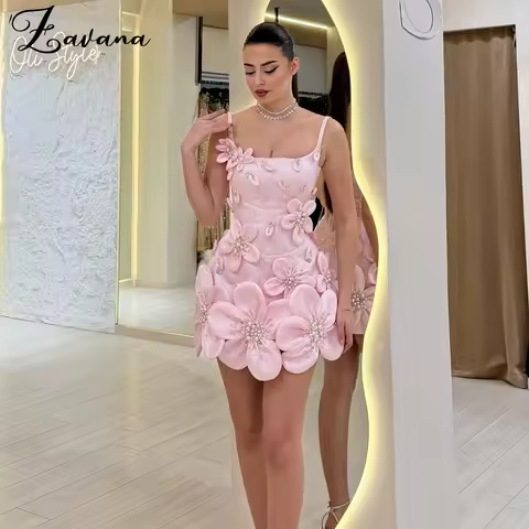 Zavana Pastrol Spaghetti Straps Homecoming Dress Rhinestones Pleat Flower Appliques Ceremony Party V