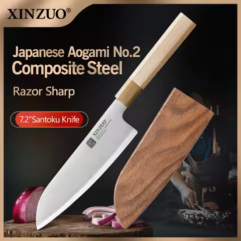 XINZUO 7.24 Inch Santoku Knife Sanyo Riki Aogami No.2 Steel 62-64 HRC Maple Wood Buffalo Horn Handle