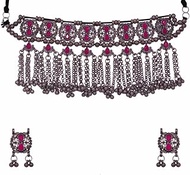 Indian Antique Afghani Silver Oxidized Polish Ghungroo Beads Boho Gypsy Tribal Statement Tassel Chain Choker Thread Necklace Earrings Pink, Choker, Metal, No Gemstone