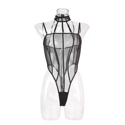 Toucheart Erotic Bodysuit Net Clothes Halter Lace See-through Skinny Backless Sissy Premium HotSeduc