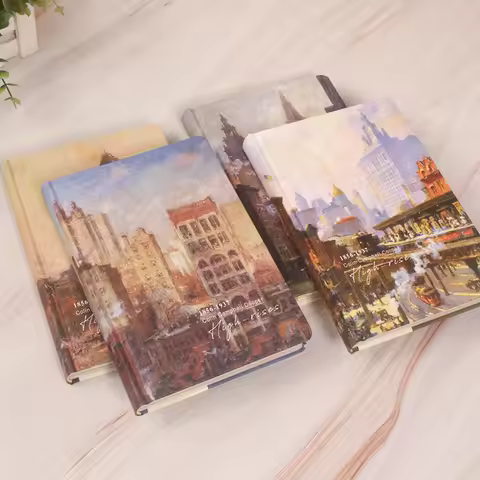 A5 Color-Page Hardcover Notebook, City Illustration Notebook, Retro Diary, 256 Pages Journal