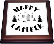 3dRose Trivet, 10.5" by 4.5", Happy Camper with camper and pines. Black letters on white background