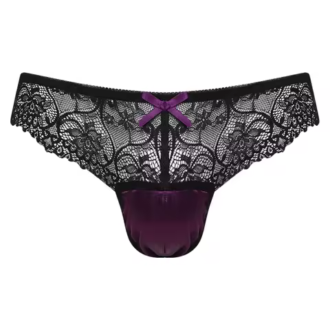 Mens Sissy Briefs Low Rise Underwear Underpants Satin Pouch See Through Floral Lace Exotic Panties L