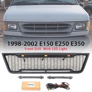 Front Grill With light Bar Fit For 1998-2002 Ford  VAN E150 E250 E350 Black Grille