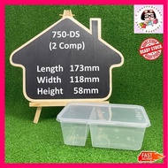 750DS (±50pcs)# 2 Compartment Rectangle Plastic Container With Lid Food Container Bekas Makanan
