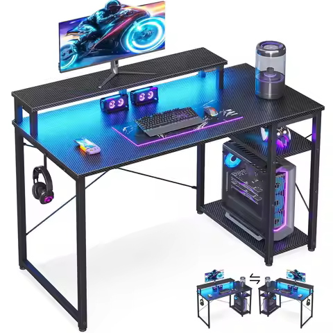 40 Inch Small Gaming Desk with Storage & Led Lights, Computer Desk with Shelf, Reversible Gamer Desk