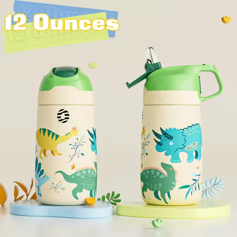 Fjbottle Kids Insulated Water Bottle with Straw Stainless Steel Vacuum Thermos, Leakproof BPA-Free K