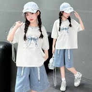 夏季女孩套裝 短袖青少年字母蝴蝶結T卹 寬鬆TPS + 薄款短牛仔褲 4 5 8 10 12 14歲