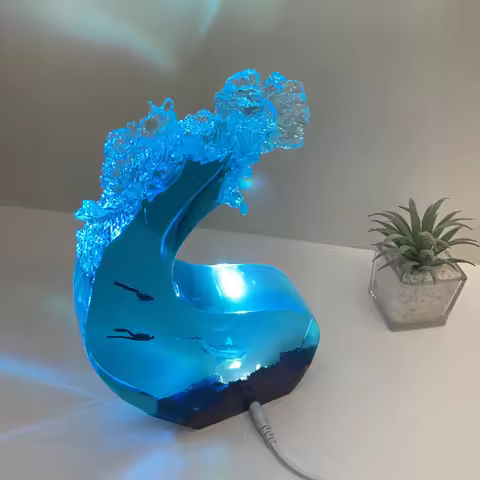 LED Illuminated Ocean Wave Whale Shark Night Light Wood Resin Sea Figurine Ambient Mood Lamp Christm