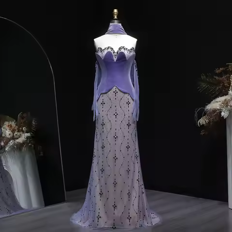Sharon Said Gorgeous Beaded Purple Velvet 2 Pieces Mermaid Evening Dress with Scarf Gloves for Weddi