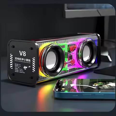 V8 Transparent Mecha Bluetooth Speaker 10W Deep Bass RGB Light TWS Portable Mini Wireless Speaker