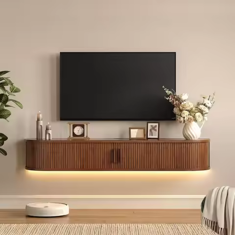 Floating TV Stand with Power Outlet for TVs up to 95 Inch, Wall Mounted TV Stand with LED Lights and