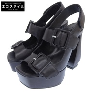 Sergio Roshi女士黑色皮革 W 形帶高跟涼鞋，35 號（近全新）