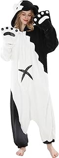 Women's Panda Onesie Pyjamas Animal Costume Black White Jumpsuit with Hood and Paws Fleece Jumpsuit 