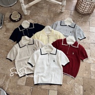 (Salt Fragrance) Thin wool polo shirt with horse embroidered buckle collar and hem