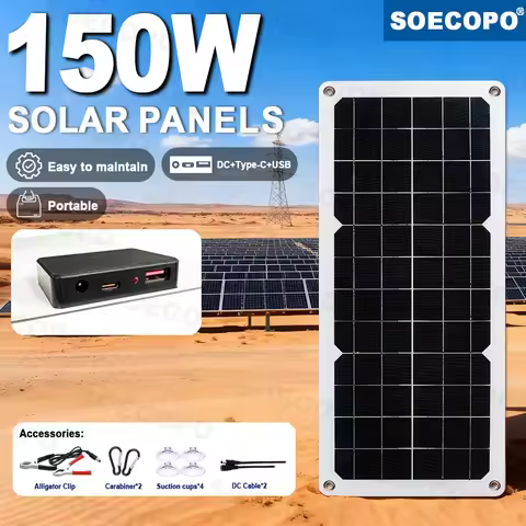 SOECOPO 150W Flexible Photovoltaic Monocrystalline Solar Panel with USB/Type-C/DC Triple Output for 