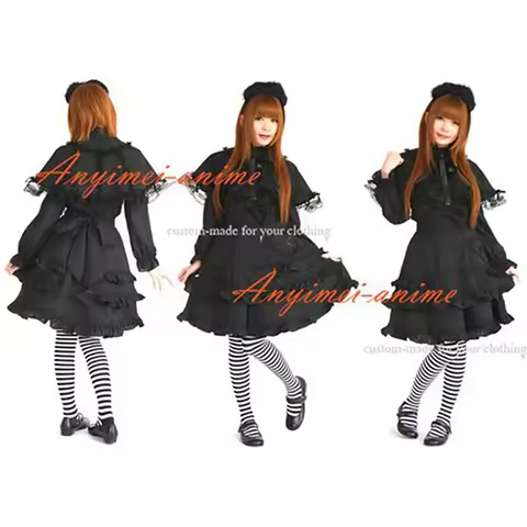 fondcosplay Sissy Maid sweet Gothic Lolita Punk Fashion cotton black Dress Cape Cosplay Costume CD/T