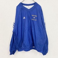 古著adidas套頭尼龍夾克，帶刺繡棒球標誌，藍色，尺寸 4XO