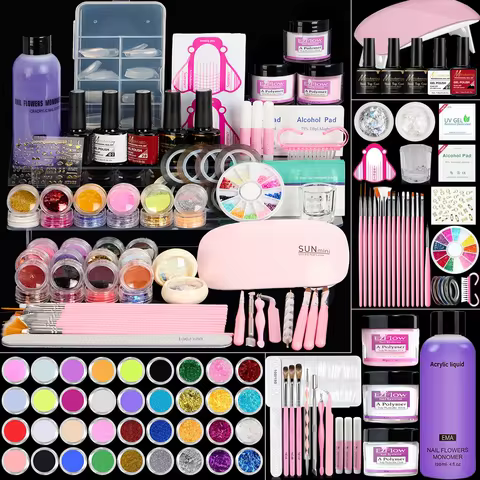 Acrylic Nail Kit All In 1 Nails Kit Acrylic Set with Nail Lamp Monomer Gel Nail Polish Nail Drill Cu