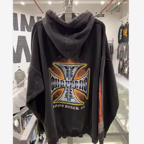 Retro Washed Black Heavyweight West Coast Choppers Hoodie for Men and Women with Graphic Print Overs