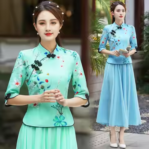 Ethnic Style Embroidered Shirt Qipao Cheongsam Tops Traditional Chinese Clothing For Women Fashion B