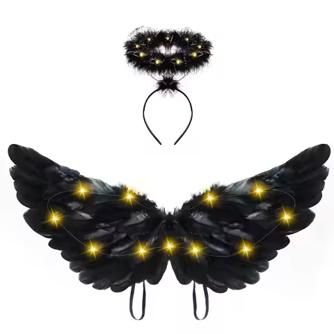 Angel Feathers LED Wings and Halo Light Up Angel Halo Black Fairy Cupid Wings for Kids Party Costume