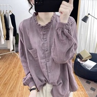 Women's Cotton Long-Sleeved Shirt2024Solid Color Retro Loose Fashion Versatile Slimming Shirt Outer 