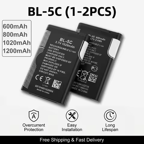 BL-5C 3.7V 1020mAh 800mAh 600mAh Rechargeable Batteries for Nokia 1100 1200 1208 1280 2600 2700 3100