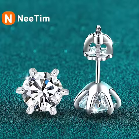 NeeTim 1ct 2ct Moissanite Screw Earrings for Women 925 Sterling Silver with Gold Plated Diamond Wedd
