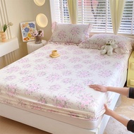 1 PC 100% Cotton Korean INS Style Floral Print Fitted Sheet Non-Slip Soft Bed Mattress Cover Single/Super Single Queen King/Super King Size 3OYD