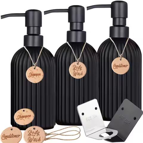 Shampoo Conditioner Body Wash Dispenser Bottle with Wooden Tag Guest Hotel Bathroom Decoration Steel