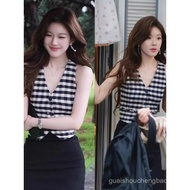 Xu Me Dazzling Xu Yan Zhao Lusi Suit Collar Plaid Short Top Sleeveless Vest