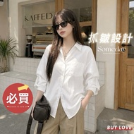 [Buy Love] Next Day Delivery Super Slimmer Look Korean Style Crinkle Loose Shirt Three-Quarter Sleev