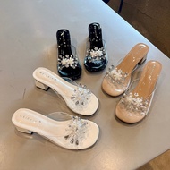 Strap high heel sandals with 5cm stone flower bow, 5p mika women's clogs with bow tie Ms. Dep Store 