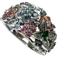 Size 10, Green Garnet 0.06ct, Sapphire 0.45ct, Tanzanite/Diamond 0.23ct/0.27ct, 18K White Gold, 7.7g