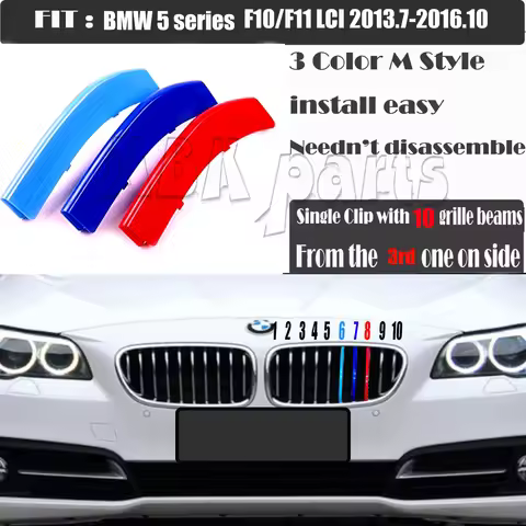 Fit 14-16 BMW5 F10/F11 LCI 520d 523i 525d 528i M-SPORT design 3-Color Kidney Grille Clip Stripe with