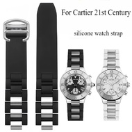 Gelang Jam Silikon Hitam Putih untuk Cartier Siri Abad Ke-21 W10125U2 Antara Muka Cembung Gelang Gel