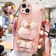 For iPhone SE iPhone 11 Pro Max iPhone 12 mini iPhone 12 Pro Max Phone Case Cute Plated Rabbits Makeup Mirror Holder Luxury Plated Soft Back Cover+Lanyard