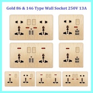 LSG Universal Outlet Socket For Wall With Switch Gold PC Flame Retardant Plastic Large Panel 13A 250V Universal Standard Power USB Outlet 86/146 Type 3/5 Holes home Socket 2.1A