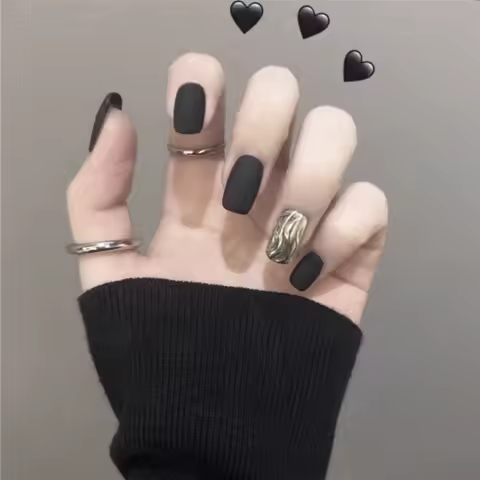 24Pcs/Set Frosted Smoke Black Ripple Wearing Fake Nails Piece Finished Nail Sticker Seamless Removab