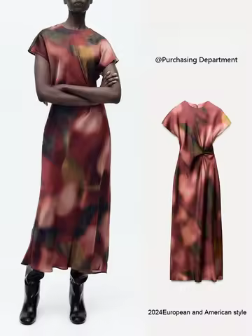 Ele Slimming Silk Satin Midi Dr Spring 2025 Women's Faion Print Waist-Cinching ort Sve Long Skirt Dr